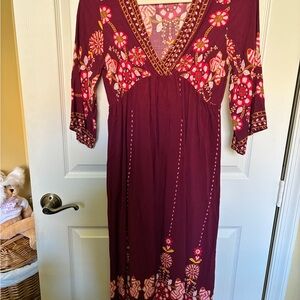 Soma Burgundy Maxi Dress with Pink & Orange Floral Embroidery